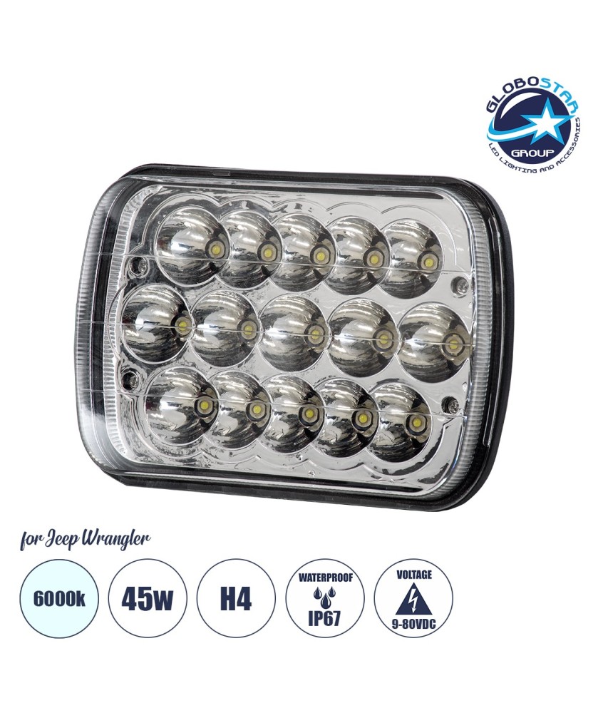 GloboStar® 85421 Φανάρι JEEP WRANGLER Βασικού Φωτισμού H4 H-L LED CREE CXB COB 45W 4500lm DC 9-80V Αδιάβροχο IP67 Ψυχρό Λευκό 6000K Μ17 x Π11 x Υ5.5cm